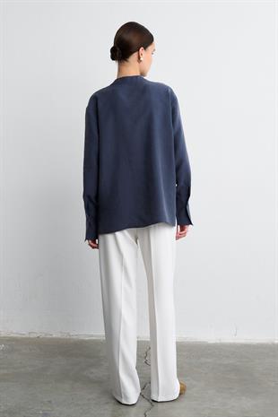 MANDARİN YAKA CUPRO GÖMLEK LACİVERT