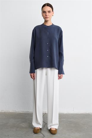 MANDARİN YAKA CUPRO GÖMLEK LACİVERT