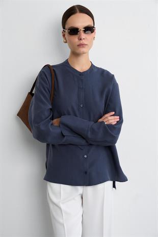 MANDARİN YAKA CUPRO GÖMLEK LACİVERT