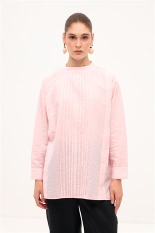 NERVÜR DETAYLI UZUN BLUZ PEMBE