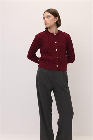 ÖRGÜ DESEN TRİKO CEKET BORDO