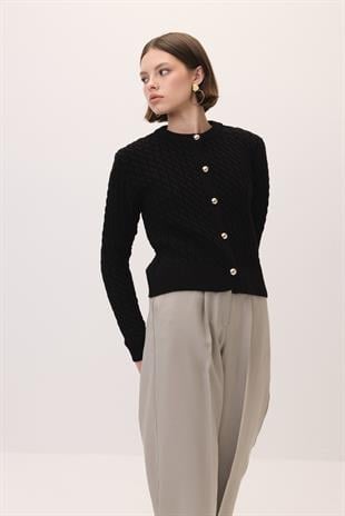 ÖRGÜ DESEN TRİKO CEKET SİYAH