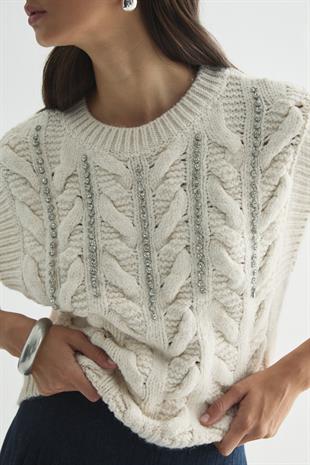 ORİJİNAL TAŞ DETAYLI YÜN DOKULU SÜVETER EKRU