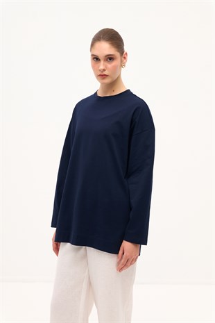 PAMUKLU UZUN T-SHIRT LACİVERT