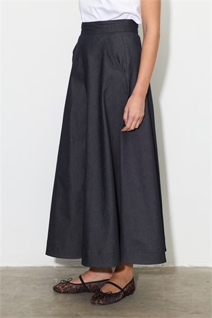 Parçalı Çan Denim Etek Lacivert