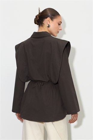 Peplum Omuz Detaylı %100 Pamuk Gömlek Kahverengi