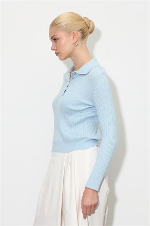 Polo Yaka Balık Sırtı Triko Bluz Bebe Mavisi