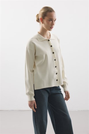 POLO YAKA MERSERİZE CEKET EKRU