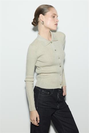 POLO YAKA SİMLİ TRİKO HIRKA BEJ