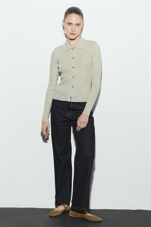 POLO YAKA SİMLİ TRİKO HIRKA BEJ