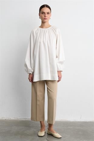 POPLİN BALON BLUZ EKRU