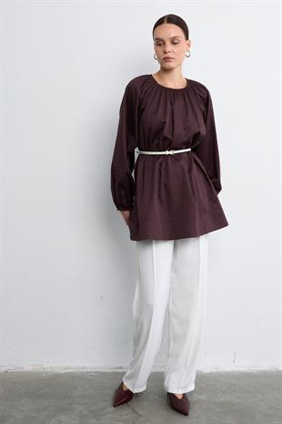 POPLİN BALON BLUZ KIZIL KAHVE