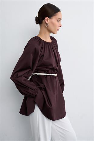 POPLİN BALON BLUZ KIZIL KAHVE