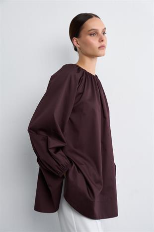 POPLİN BALON BLUZ KIZIL KAHVE