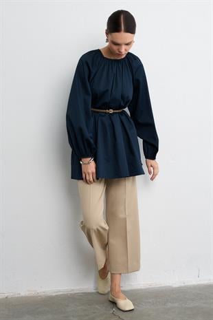 POPLİN BALON BLUZ LACİVERT