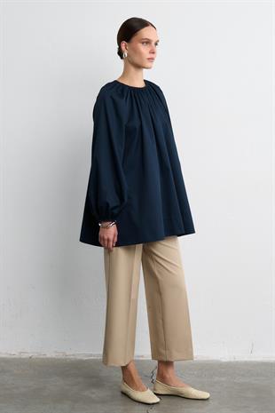 POPLİN BALON BLUZ LACİVERT