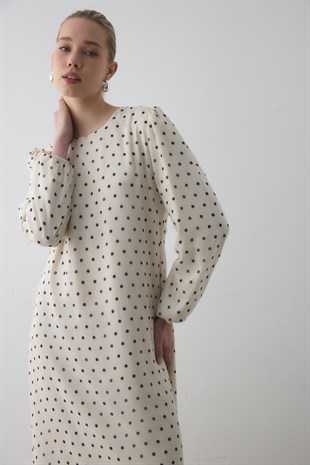 PUANTİYELİ ŞİFON ELBİSE EKRU-SİYAH