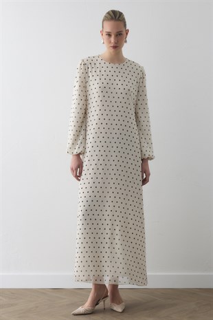 PUANTİYELİ ŞİFON ELBİSE EKRU-SİYAH