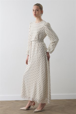 PUANTİYELİ ŞİFON ELBİSE EKRU-SİYAH