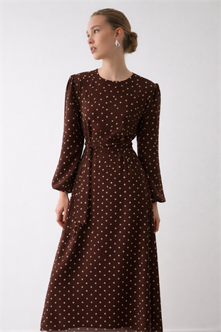 PUANTİYELİ ŞİFON ELBİSE KAHVE-EKRU