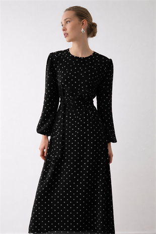 PUANTİYELİ ŞİFON ELBİSE SİYAH - EKRU