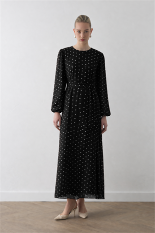 PUANTİYELİ ŞİFON ELBİSE SİYAH - EKRU