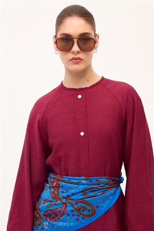 RIVIERA VOLANLI KETEN ELBİSE BORDO