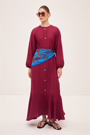 RIVIERA VOLANLI KETEN ELBİSE BORDO