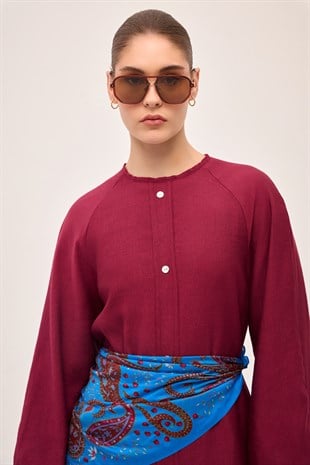 RIVIERA VOLANLI KETEN ELBİSE BORDO