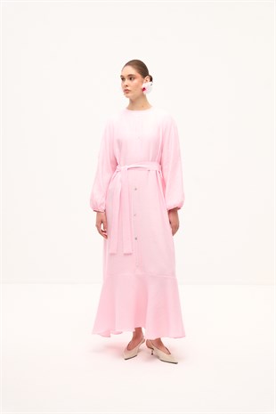 RIVIERA VOLANLI KETEN ELBİSE PEMBE