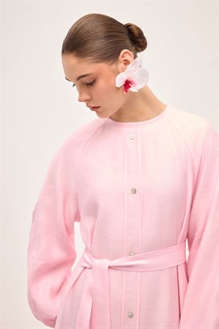 RIVIERA VOLANLI KETEN ELBİSE PEMBE