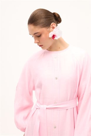 RIVIERA VOLANLI KETEN ELBİSE PEMBE