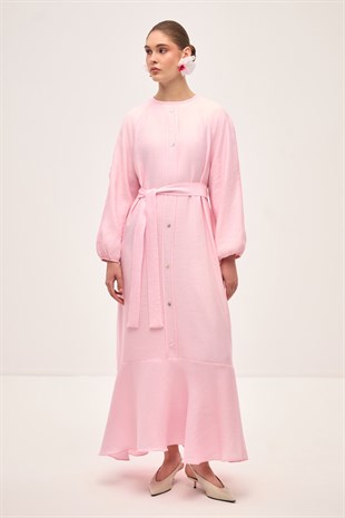RIVIERA VOLANLI KETEN ELBİSE PEMBE