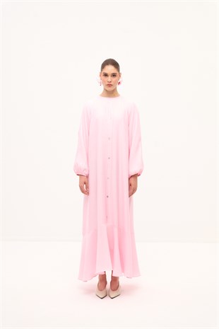 RIVIERA VOLANLI KETEN ELBİSE PEMBE