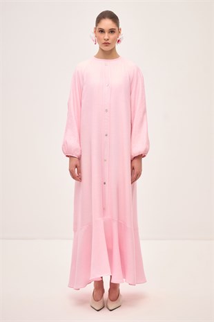 RIVIERA VOLANLI KETEN ELBİSE PEMBE
