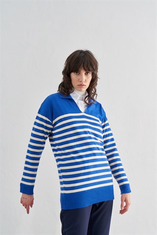 Saks Polo Yaka Çizgili Triko Kazak