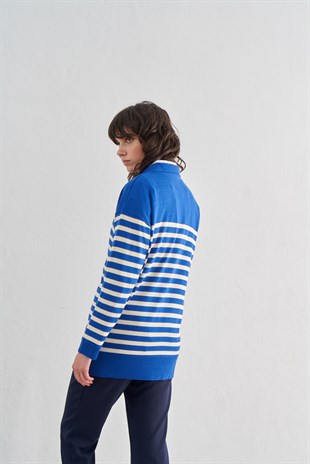 Saks Polo Yaka Çizgili Triko Kazak