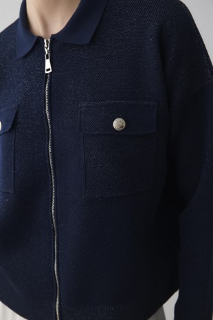 SİM EFEKTLİ ÖRME CEKET LACİVERT