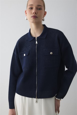 SİM EFEKTLİ ÖRME CEKET LACİVERT