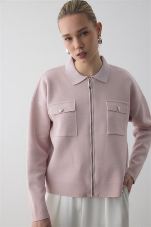 SİM EFEKTLİ ÖRME CEKET PUDRA