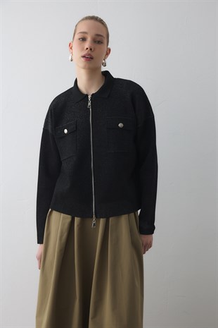 SİM EFEKTLİ ÖRME CEKET SİYAH