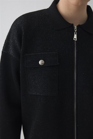 SİM EFEKTLİ ÖRME CEKET SİYAH