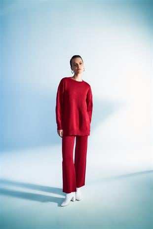 Simli Triko Pantolon Bordo