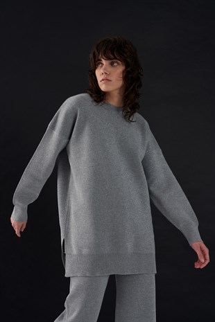 Simli Triko Sweat Gümüş