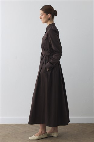 SPOR CEPLİ POPLİN GÖMLEK ELBİSE ACI KAHVE