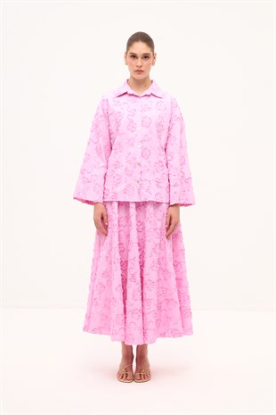 ÜÇ BOYUTLU ÇİÇEK DESENLİ POPLİN GÖMLEK VE KLOŞ ETEK SET PEMBE