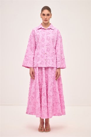 ÜÇ BOYUTLU ÇİÇEK DESENLİ POPLİN GÖMLEK VE KLOŞ ETEK SET PEMBE