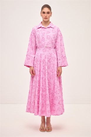 ÜÇ BOYUTLU ÇİÇEK DESENLİ POPLİN GÖMLEK VE KLOŞ ETEK SET PEMBE