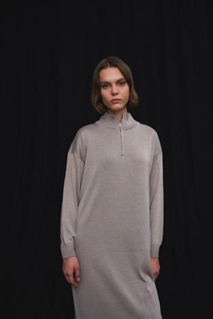 VİZON DİK YAKA FERMUARLI TRİKO ELBİSE