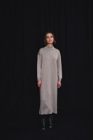 VİZON DİK YAKA FERMUARLI TRİKO ELBİSE